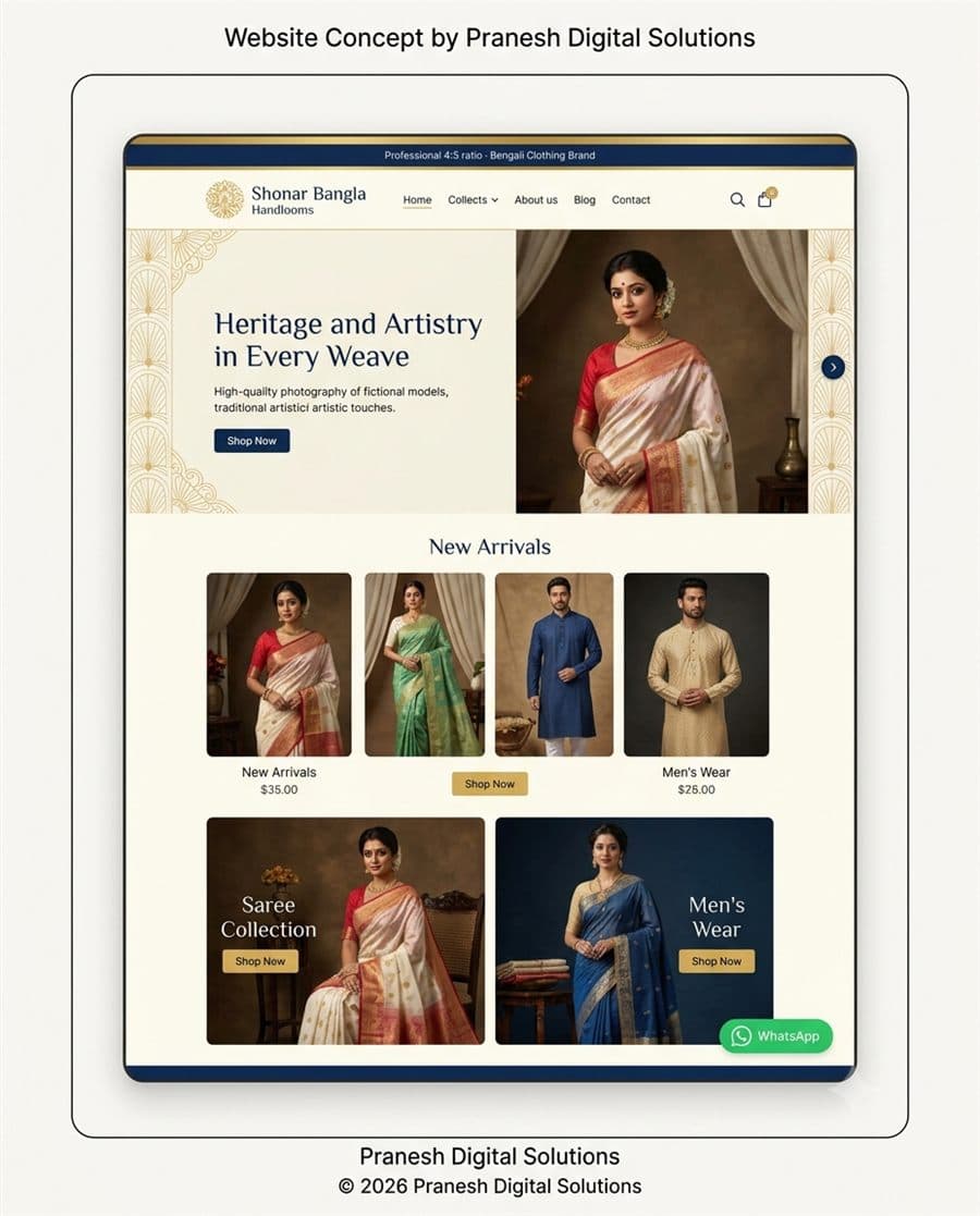 Shonar Bangla Handlooms — Handloom • Sarees • Bengali Craft concept website design by Pranesh Digital Solutions